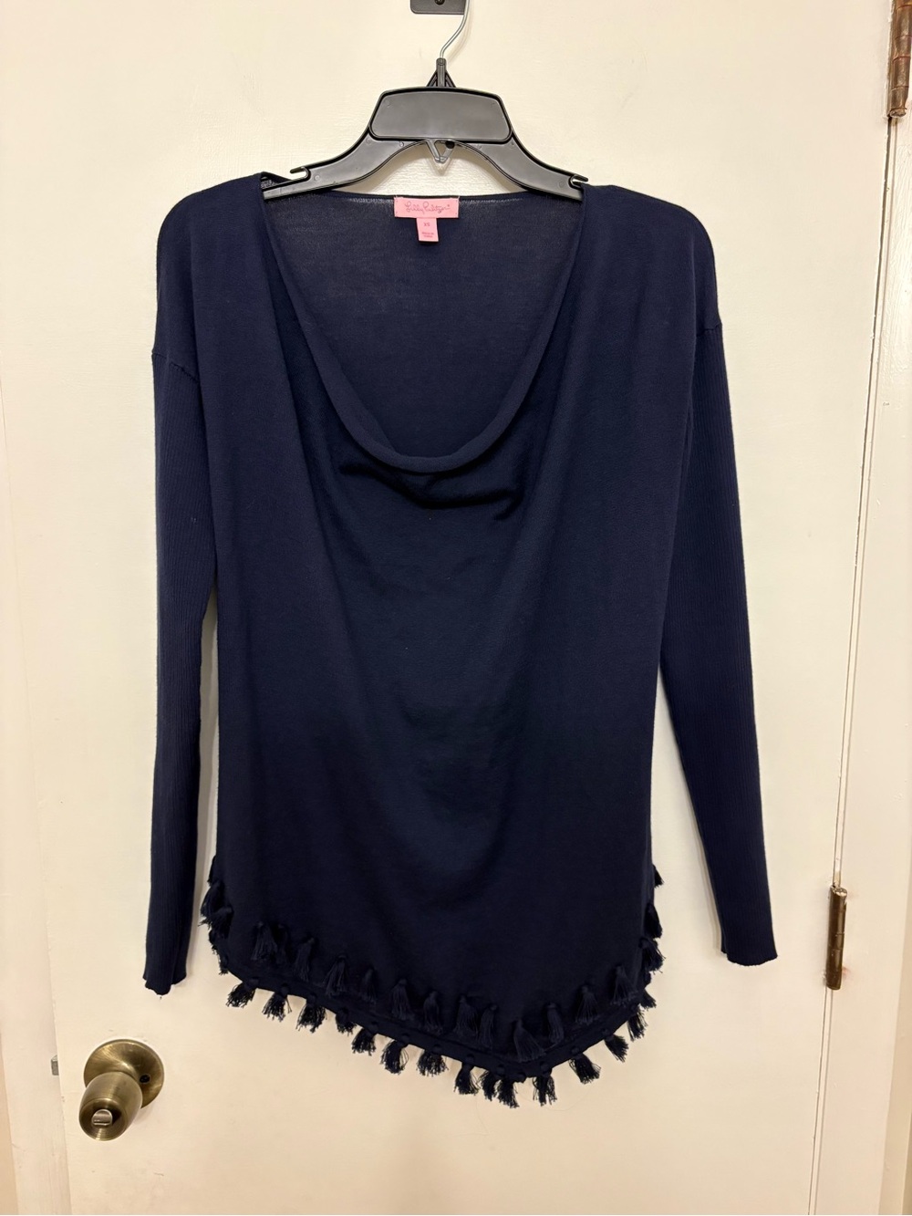 Lilly Pulitzer Ferrera Sweater XS Navy Blue Cowl Neck Tassel Asymmetrical Hem